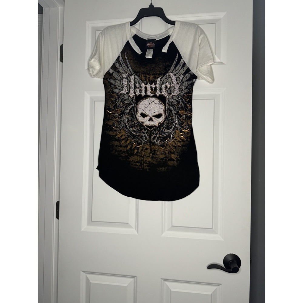 Harley Davidson T Shirt Small Black Body White Sleeves Multi Full Of Beading